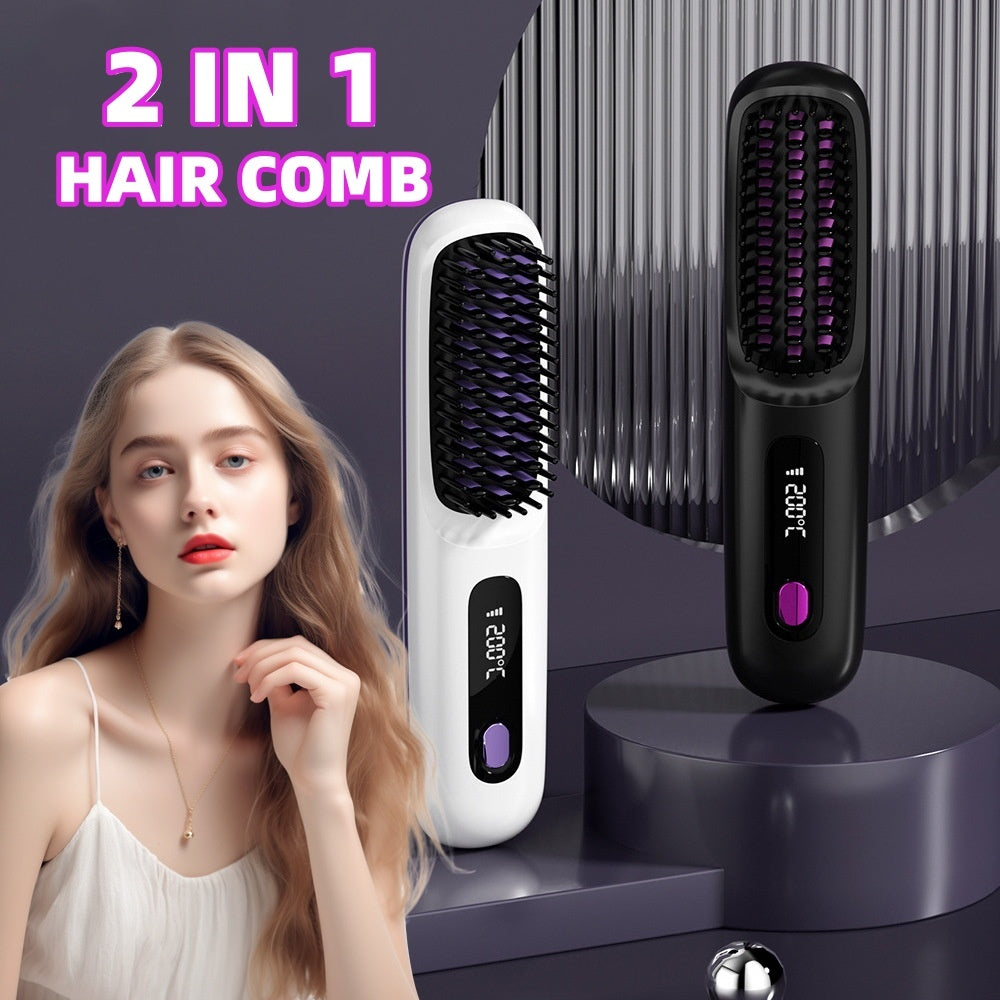 1 Straight Hair Comb Wireless Hair Straightener Brush Hair Fast Heating Portable Hot Curler USB Charging